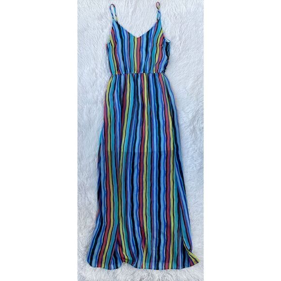 Buttons SZ S Woman’s Vibrant Multicolored Vertical Striped Maxi Dress - Picture 4 of 12
